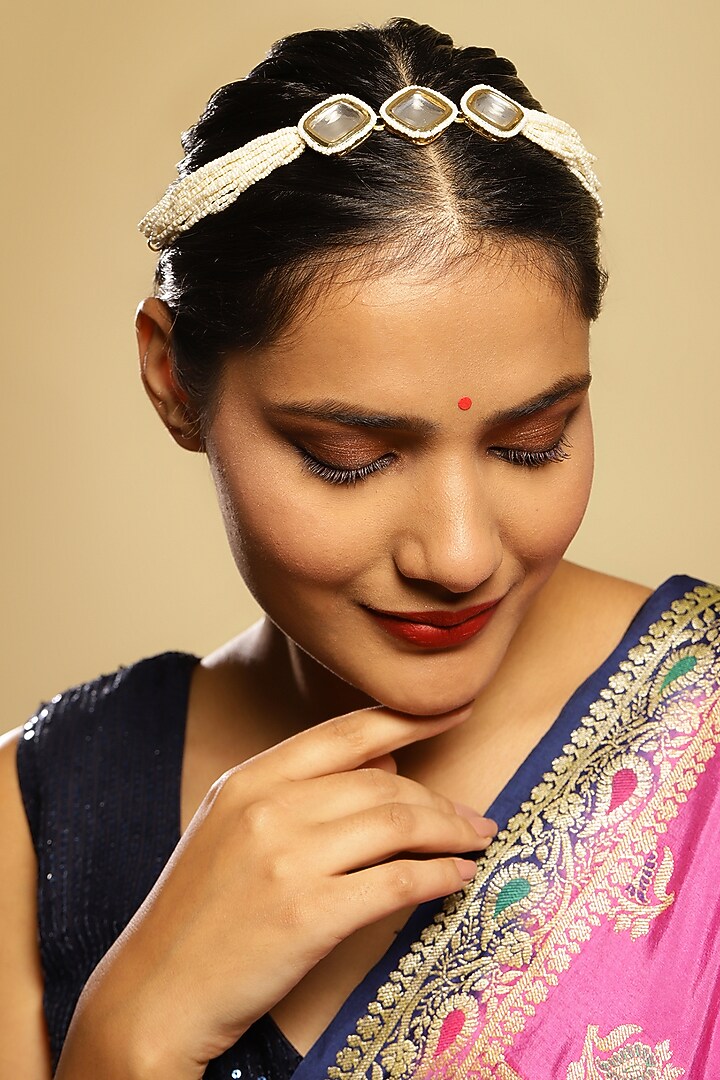 Gold Finish White Kundan Polki & Pearl Mathapatti by Ruby Raang at Pernia's Pop Up Shop