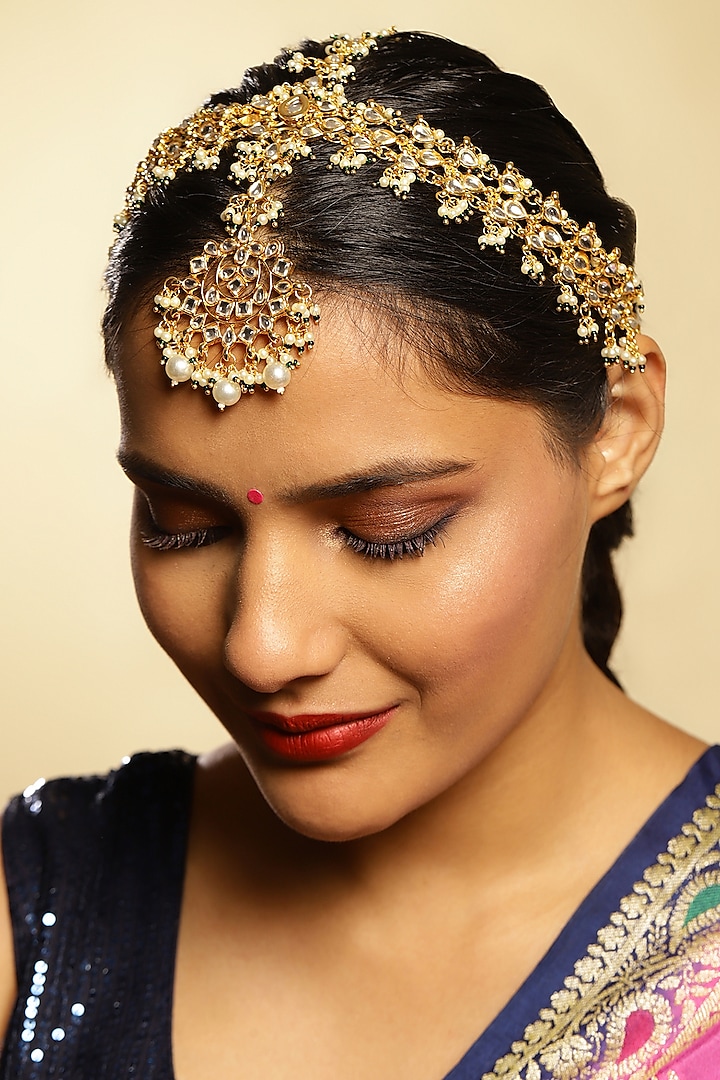 Gold Finish Kundan Polki & Pearl Mathapatti by Ruby Raang at Pernia's Pop Up Shop