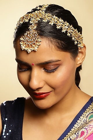 Gold Finish Kundan Polki & Pearl Mathapatti by Ruby Raang