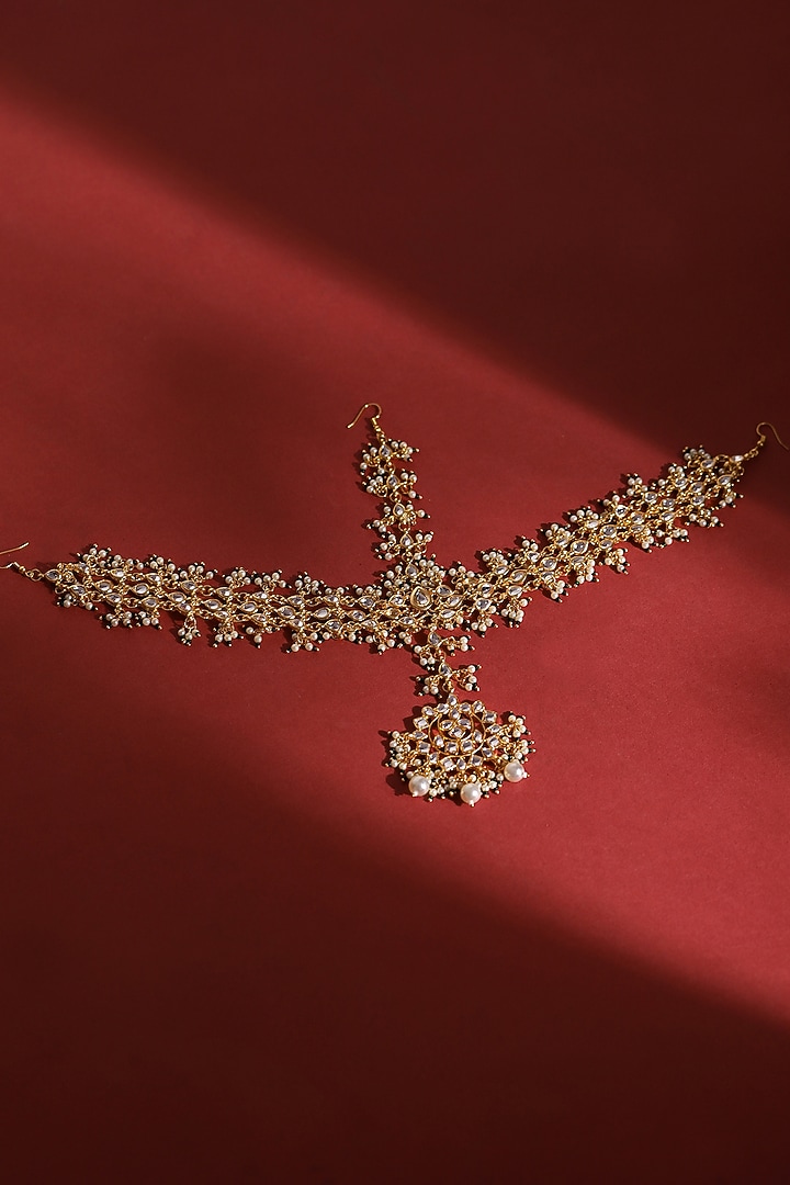Gold Finish Kundan Polki & Pearl Mathapatti by Ruby Raang at Pernia's Pop Up Shop