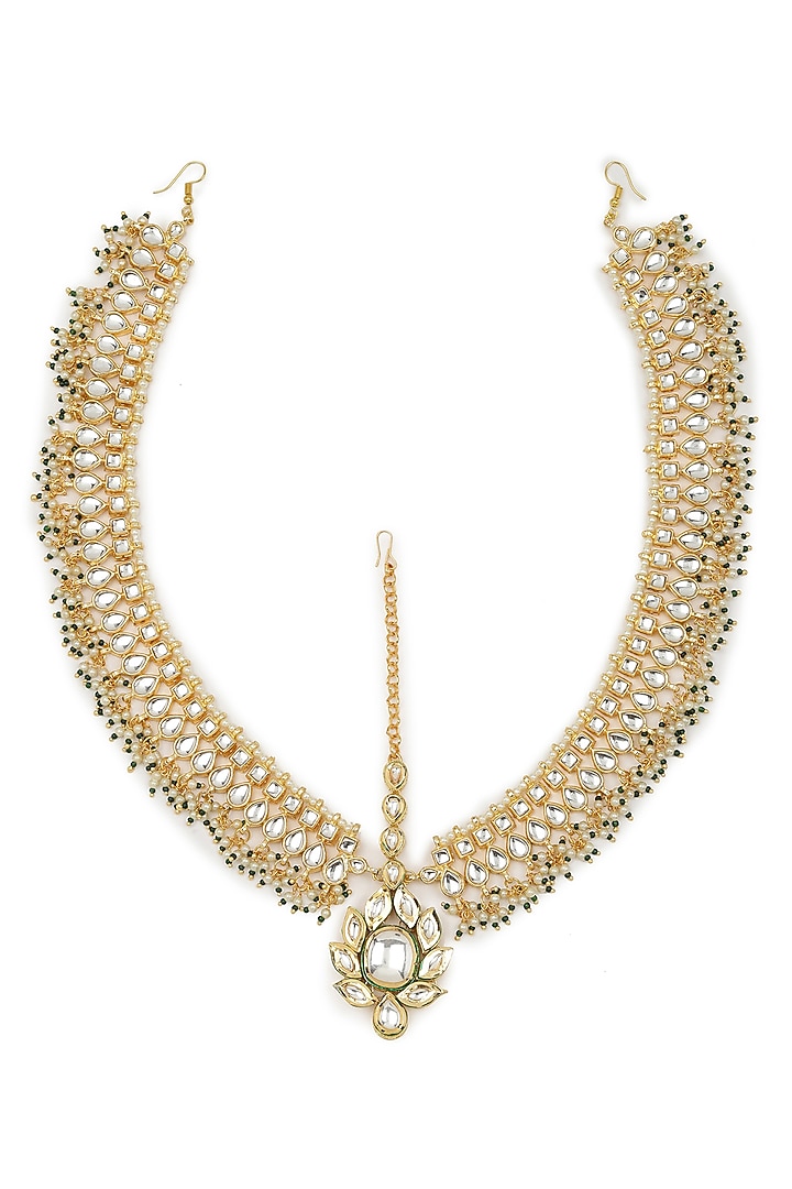 Gold Finish Kundan Polki & Synthetic Stone Mathapatti by Ruby Raang at Pernia's Pop Up Shop