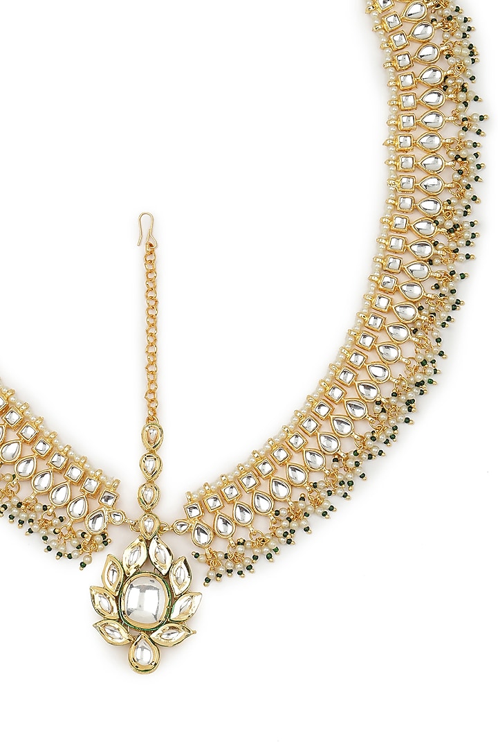 Gold Finish Kundan Polki & Synthetic Stone Mathapatti by Ruby Raang at Pernia's Pop Up Shop
