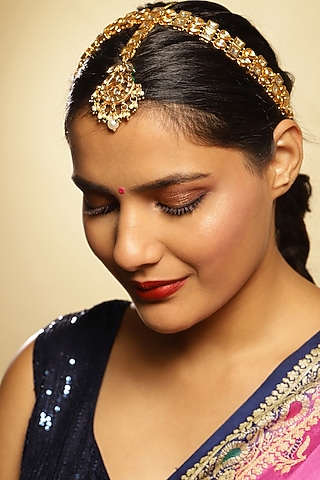 Gold Finish Kundan Polki & Pearl Mathapatti by Ruby Raang