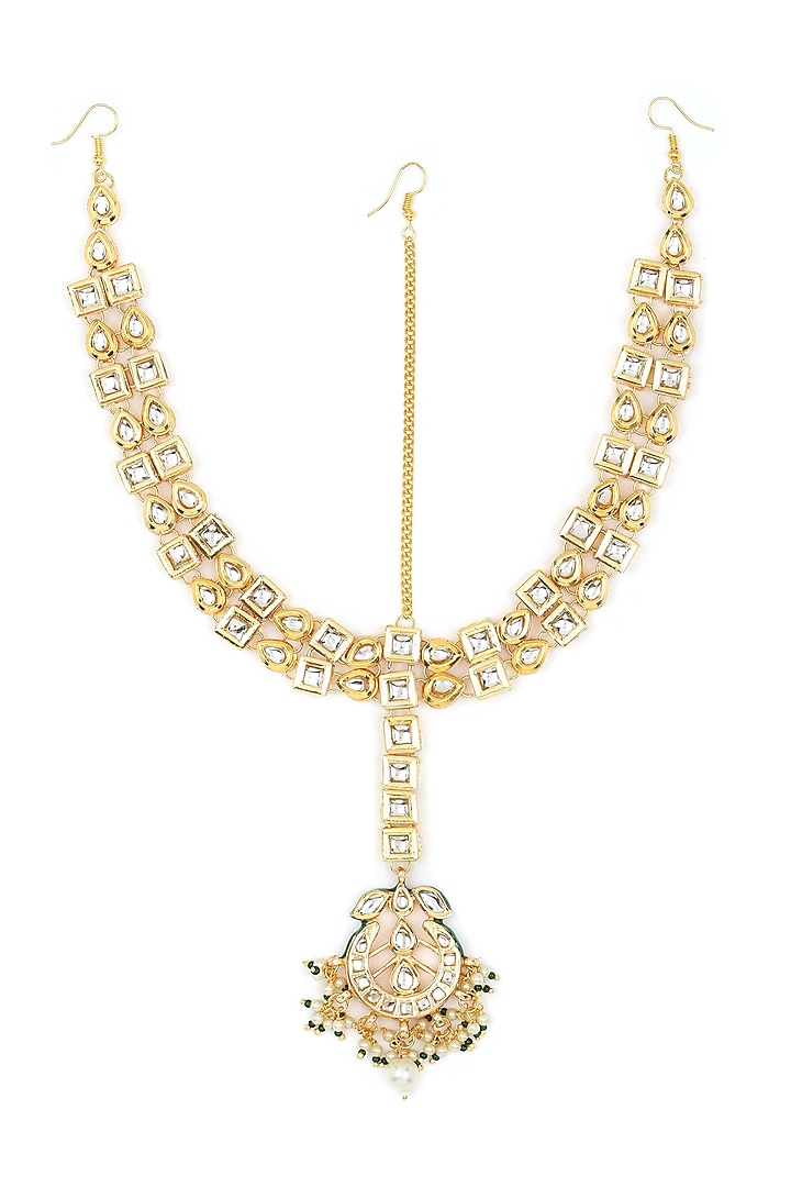Gold Finish Kundan Polki & Pearl Mathapatti by Ruby Raang at Pernia's Pop Up Shop