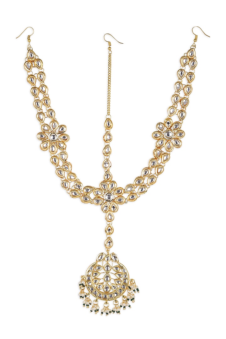 Gold Finish White Kundan Polki & Pearl Mathapatti by Ruby Raang at Pernia's Pop Up Shop