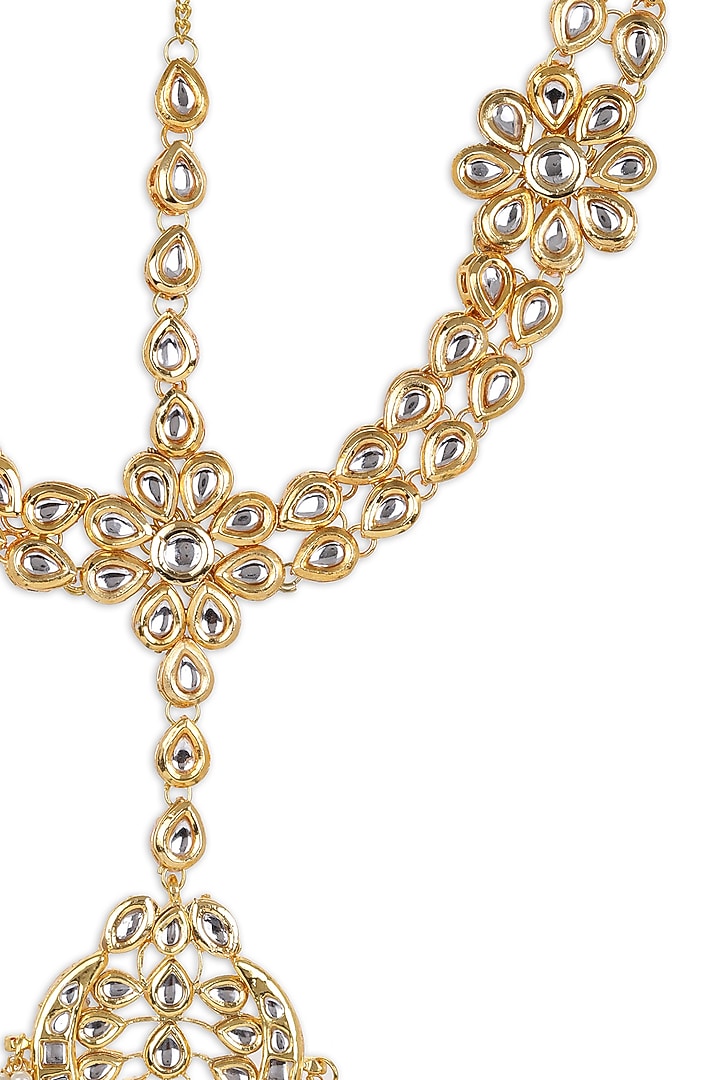 Gold Finish White Kundan Polki & Pearl Mathapatti by Ruby Raang at Pernia's Pop Up Shop