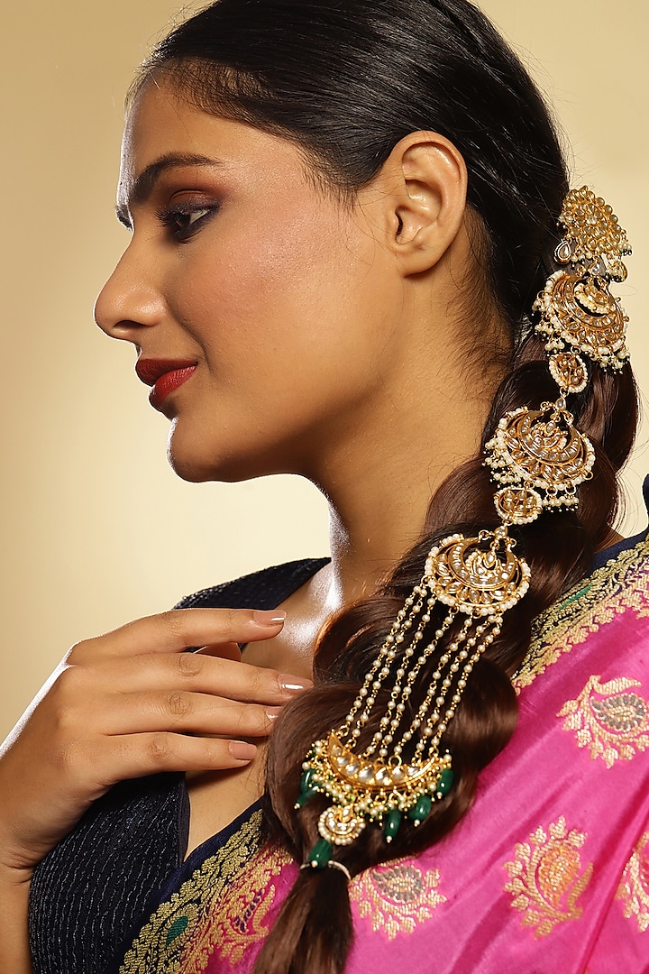Gold Finish Green Kundan Polki Head Chain by Ruby Raang at Pernia's Pop Up Shop