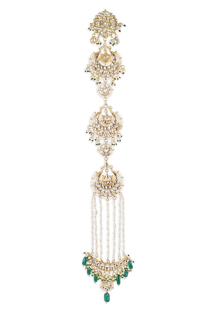 Gold Finish Green Kundan Polki Head Chain by Ruby Raang at Pernia's Pop Up Shop