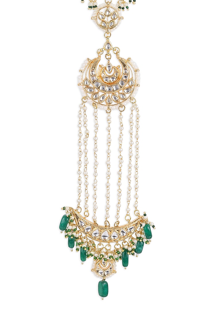 Gold Finish Green Kundan Polki Head Chain by Ruby Raang at Pernia's Pop Up Shop