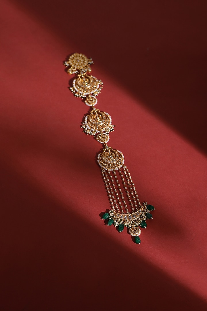 Gold Finish Green Kundan Polki Head Chain by Ruby Raang at Pernia's Pop Up Shop