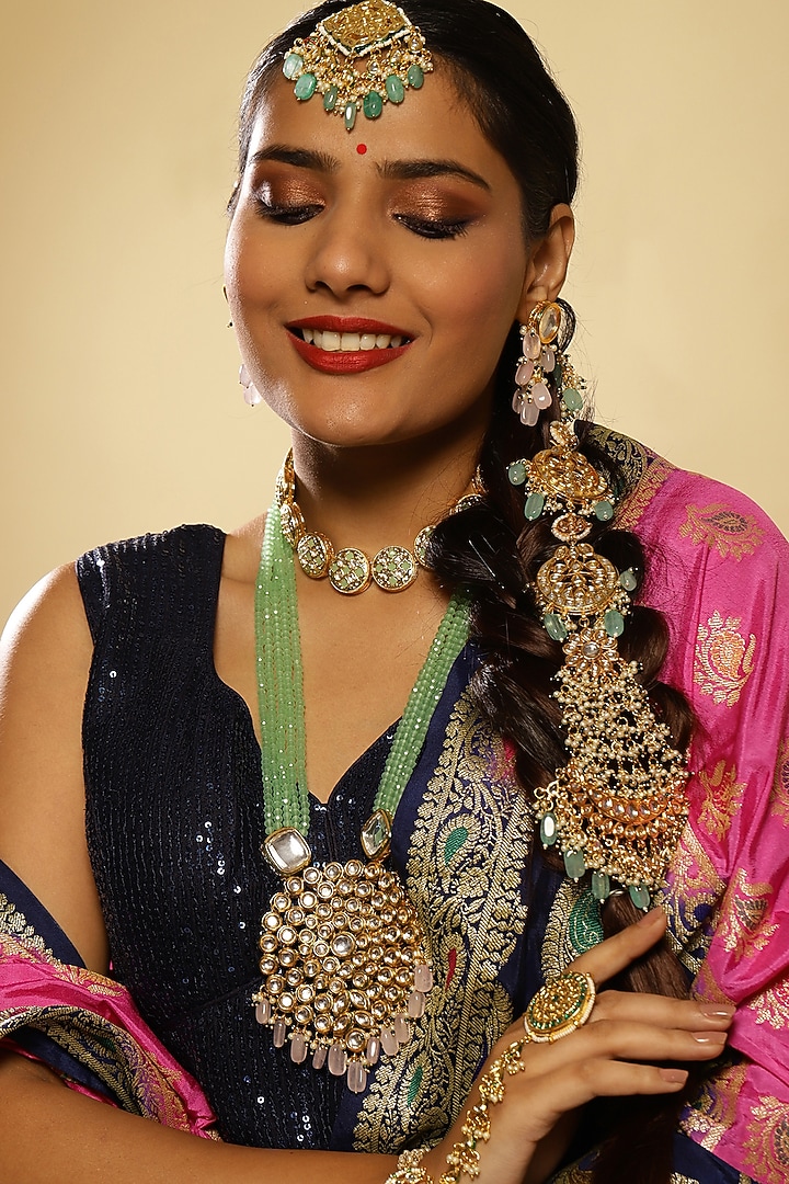 Gold Finish Kundan Polki & Pearl Hair Chain by Ruby Raang at Pernia's Pop Up Shop