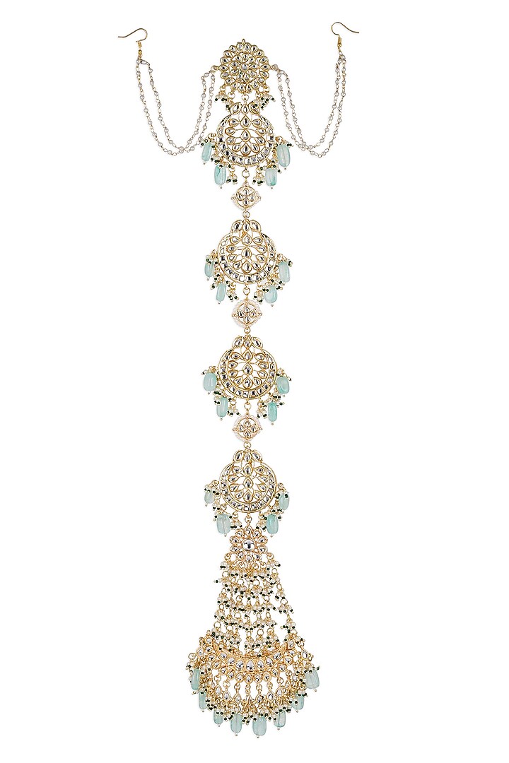 Gold Finish Kundan Polki & Pearl Hair Chain by Ruby Raang at Pernia's Pop Up Shop