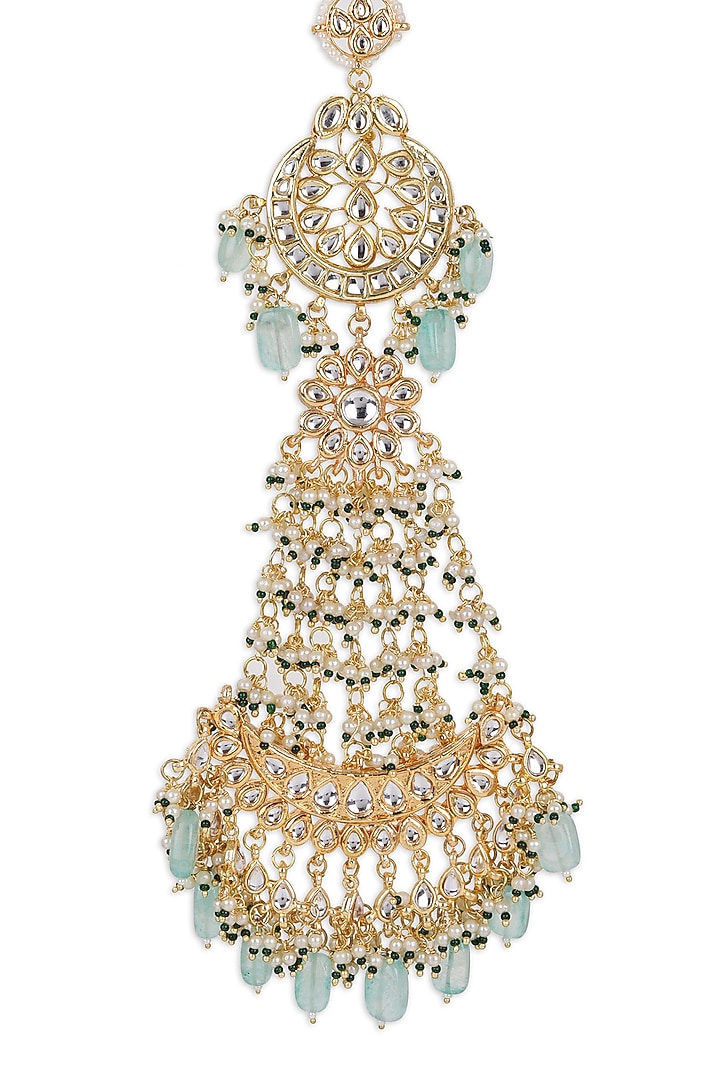Gold Finish Kundan Polki & Pearl Hair Chain by Ruby Raang at Pernia's Pop Up Shop