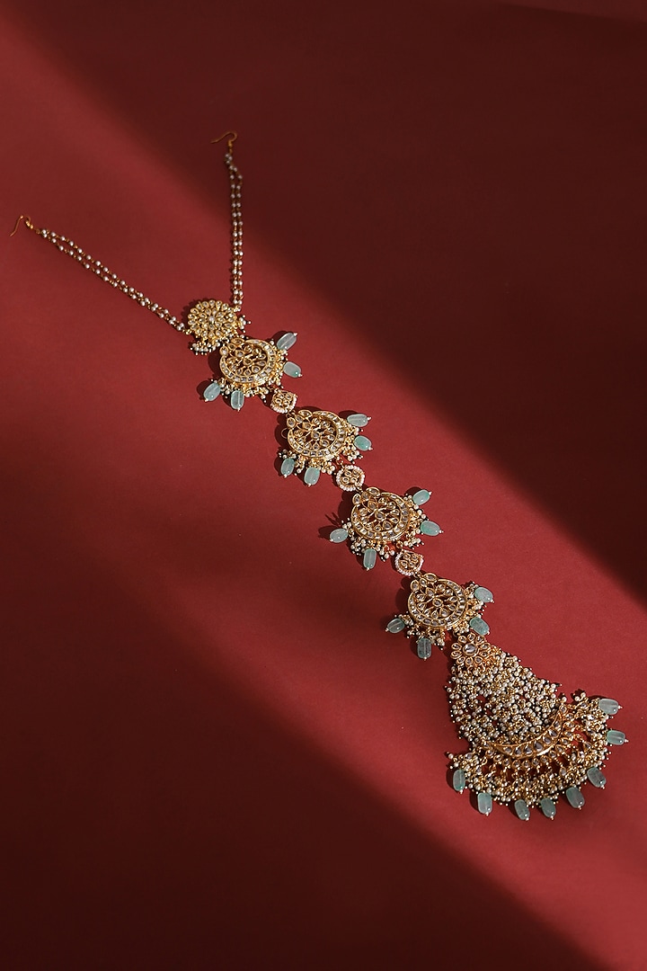 Gold Finish Kundan Polki & Pearl Hair Chain by Ruby Raang at Pernia's Pop Up Shop