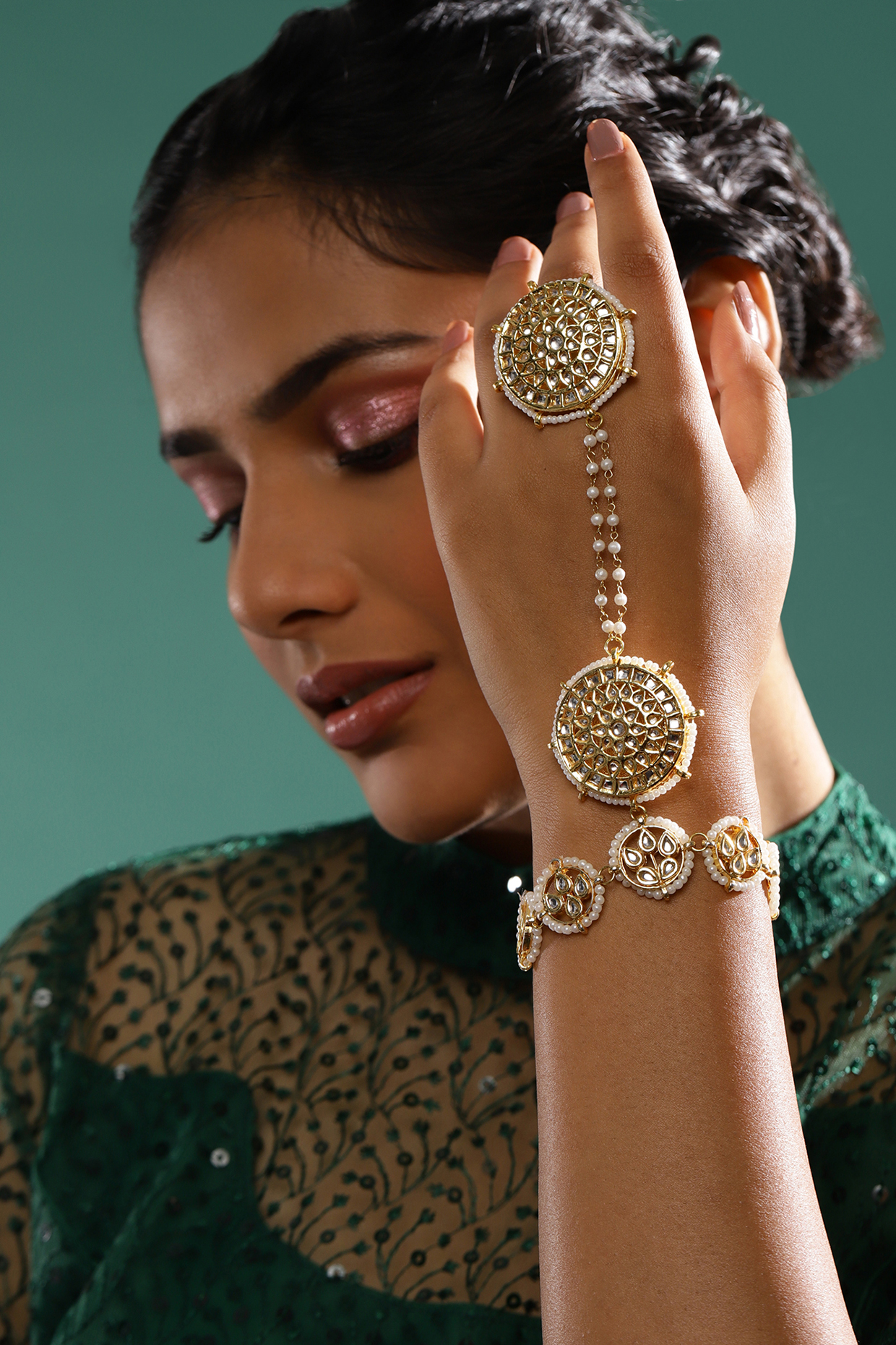 Gold Finish Kundan Polki Charm Bracelet by Ruby Raang at Pernia's Pop Up Shop