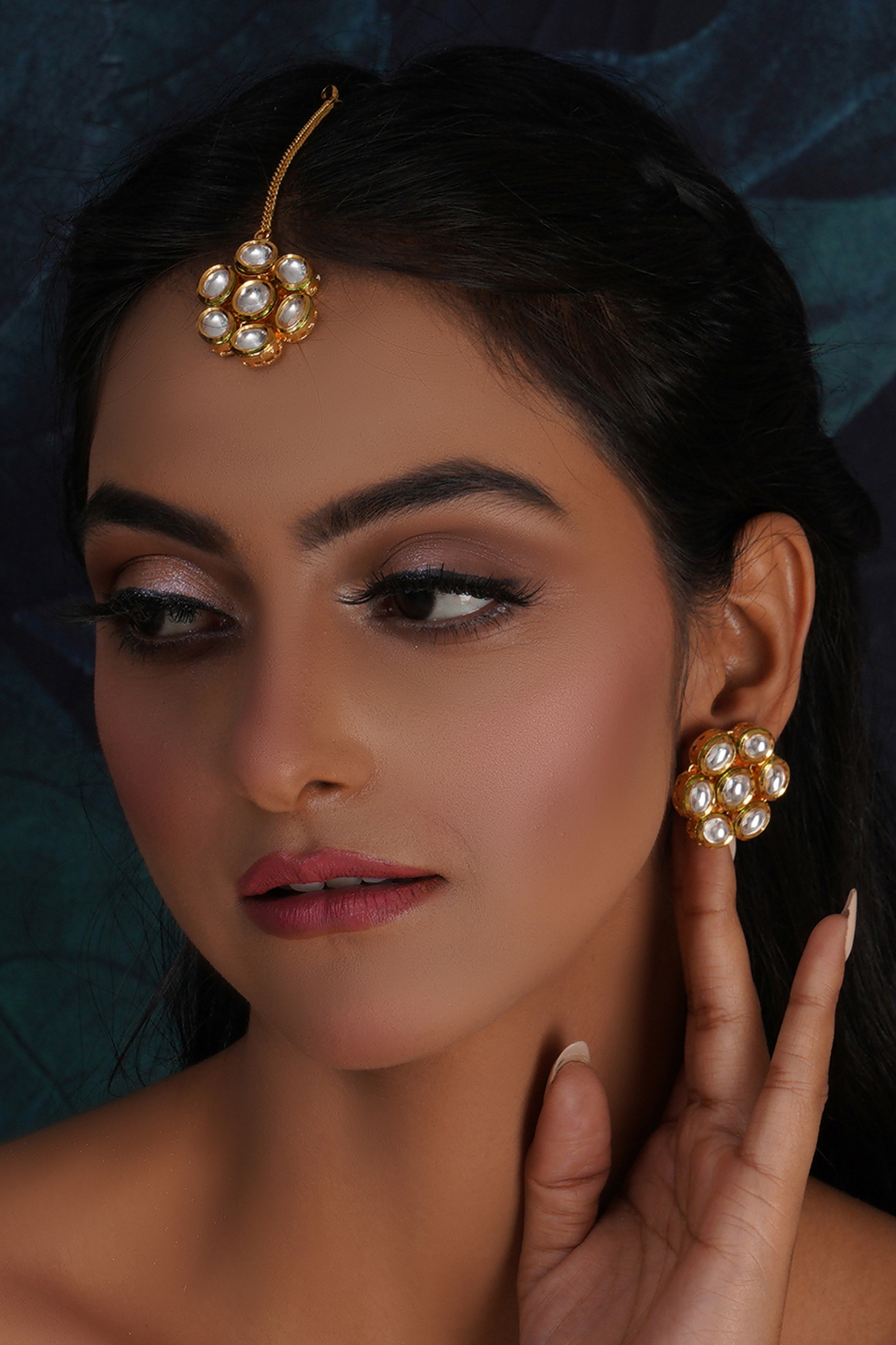 Gold Finish Kundan Polki Stud Earrings With Maang Tikka by Ruby Raang at Pernia's Pop Up Shop