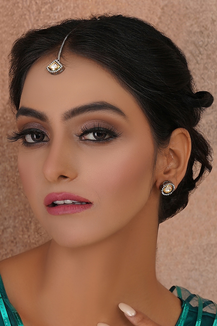 Black Rhodium Finish Kundan Polki & Diamond Stud Earrings With Maang Tikka by Ruby Raang at Pernia's Pop Up Shop