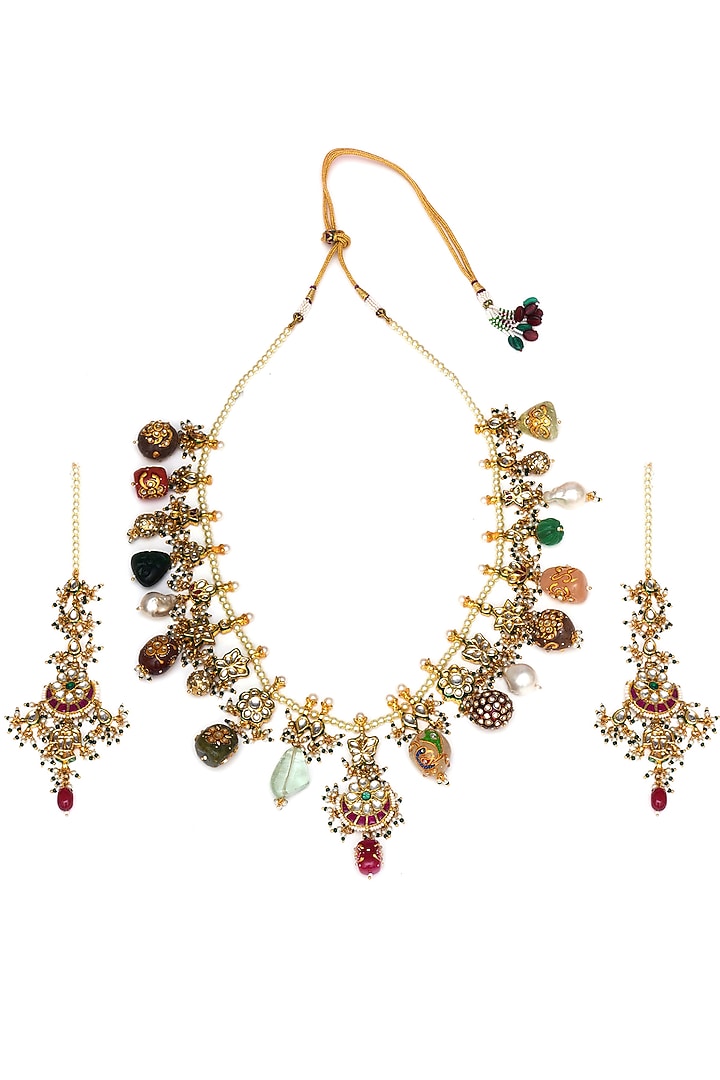 Gold Finish Kundan Polki & Pearl Long Necklace Set by Ruby Raang at Pernia's Pop Up Shop