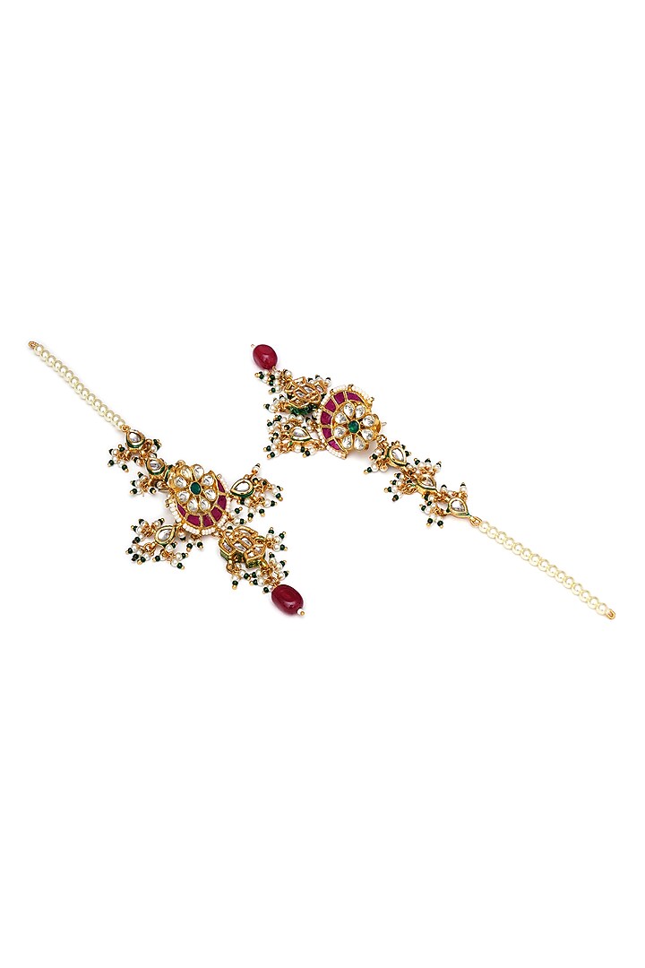 Gold Finish Kundan Polki & Pearl Long Necklace Set by Ruby Raang at Pernia's Pop Up Shop