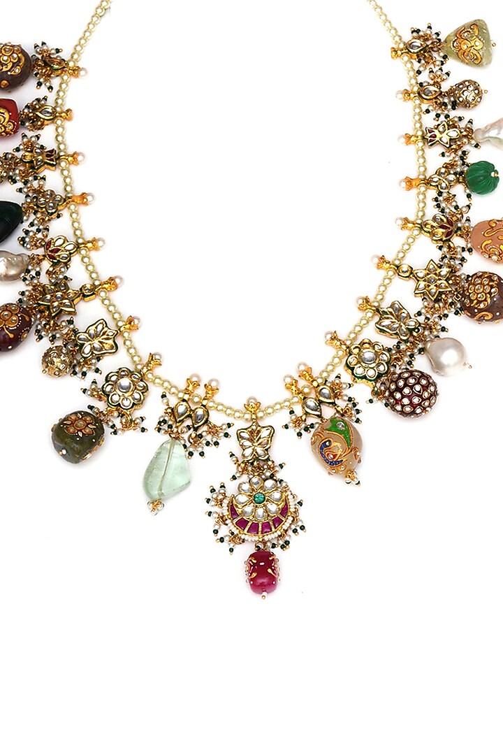 Gold Finish Kundan Polki & Pearl Long Necklace Set by Ruby Raang at Pernia's Pop Up Shop