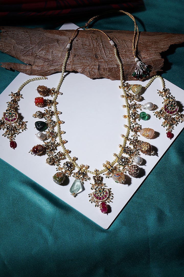 Gold Finish Kundan Polki & Pearl Long Necklace Set by Ruby Raang at Pernia's Pop Up Shop