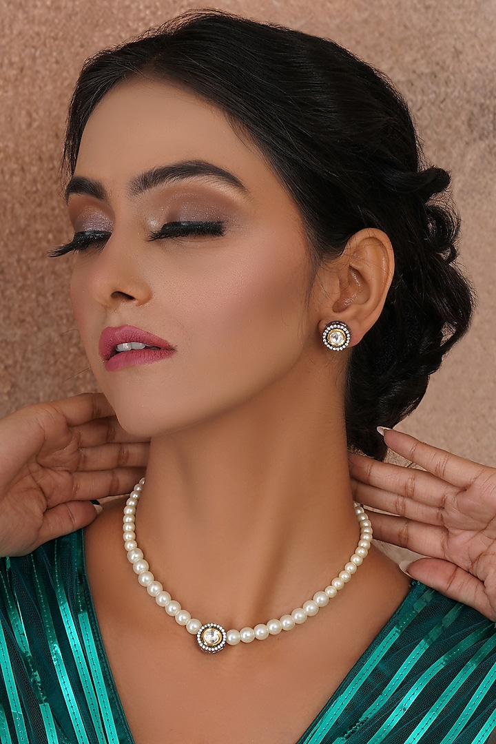 Black Rhodium Finish Kundan Polki & Pearl Choker Necklace Set by Ruby Raang at Pernia's Pop Up Shop
