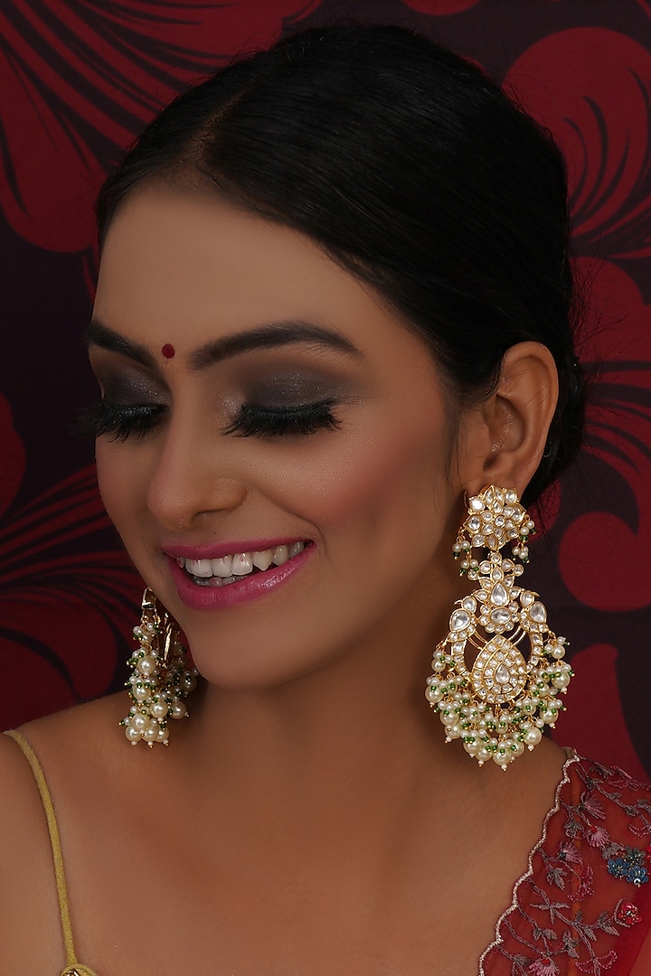 Gold Finish Kundan Polki & Pearl Dangler Earrings by Ruby Raang