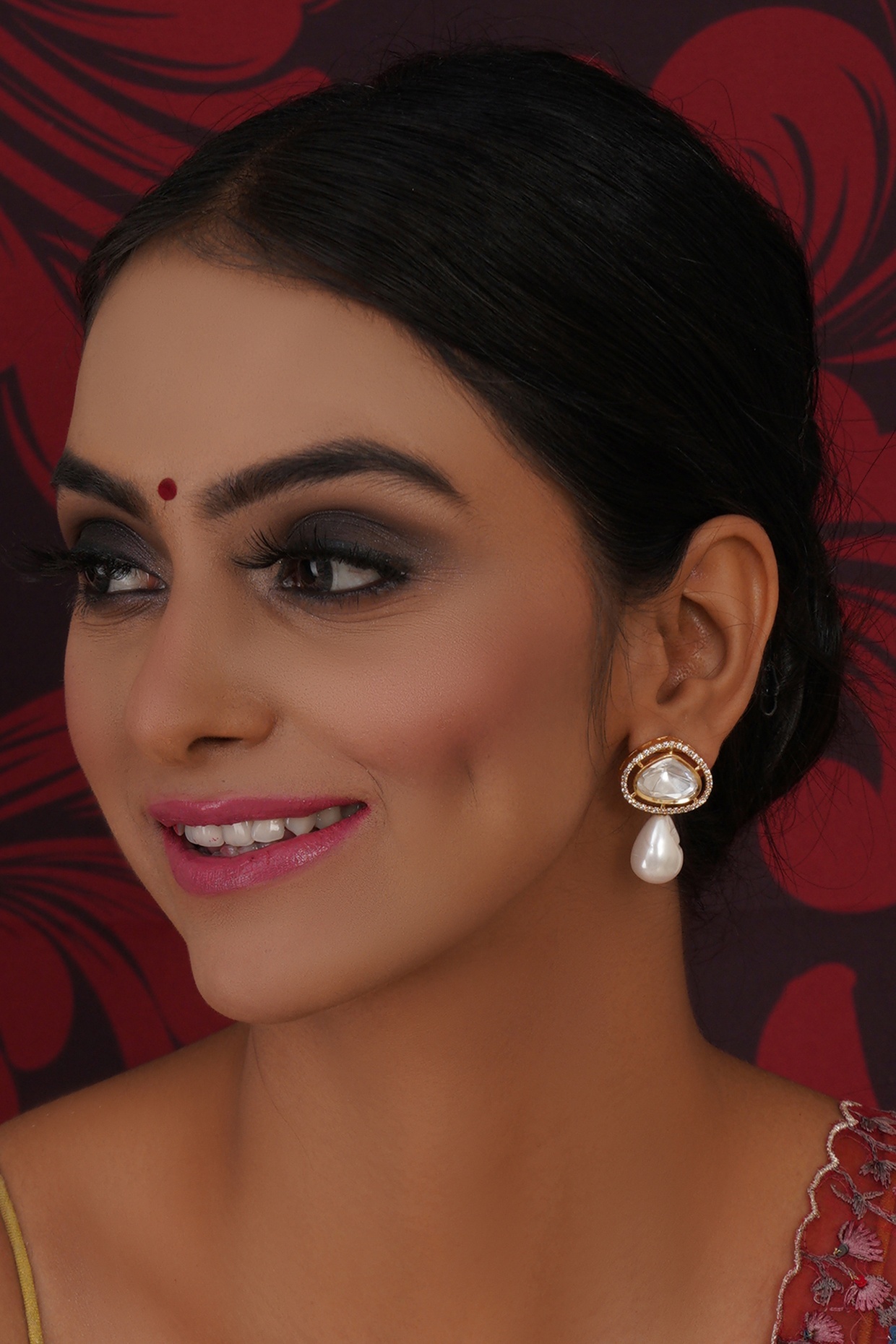 Gold Finish Kundan Polki & Pearl Drop Dangler Earrings by Ruby Raang at Pernia's Pop Up Shop