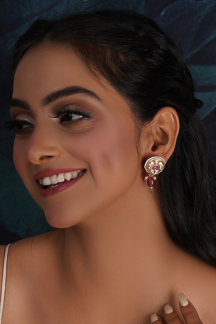 Gold Finish Kundan Polki Dangler Earrings by Ruby Raang at Pernia's Pop Up Shop