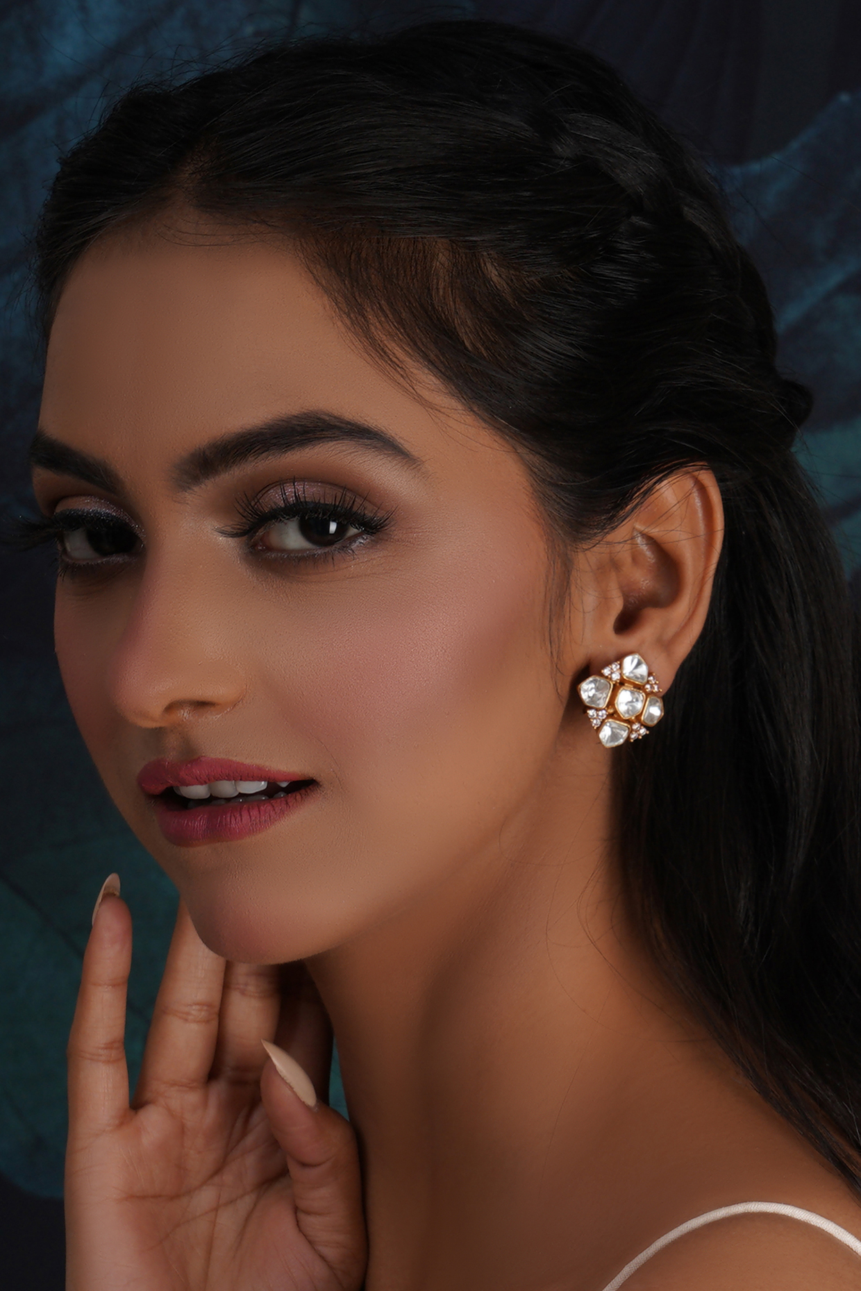 Gold Finish Kundan Polki Stud Earrings by Ruby Raang at Pernia's Pop Up Shop