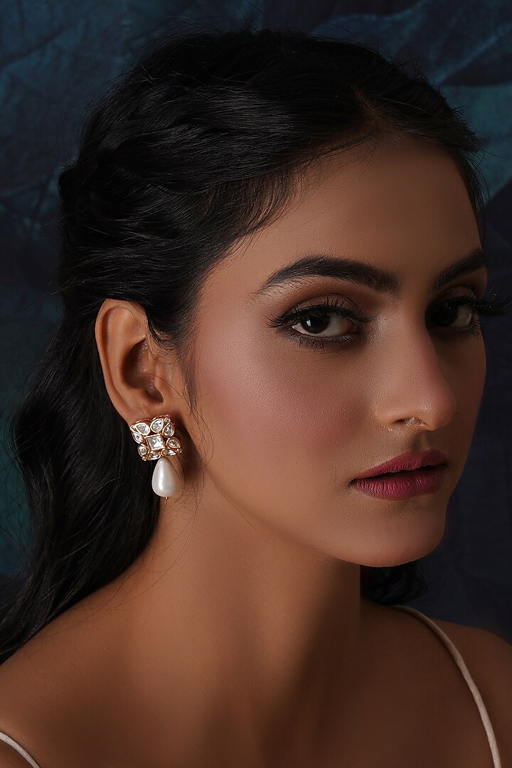Gold Finish Kundan Polki & Pearl Dangler Earrings by Ruby Raang at Pernia's Pop Up Shop