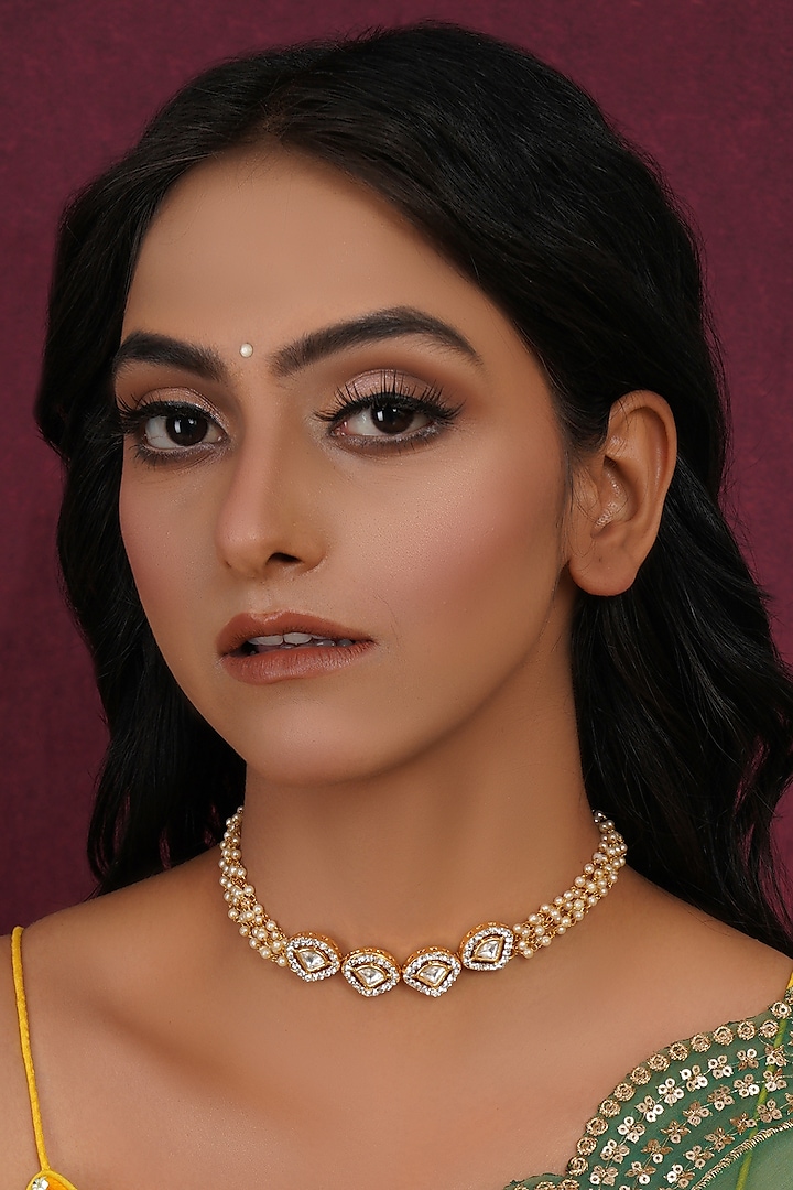 Gold Finish Kundan Polki & Pearl Choker Necklace by Ruby Raang