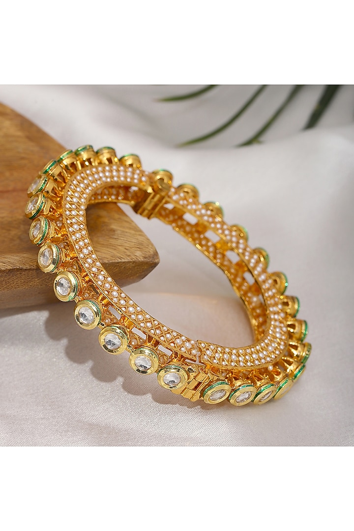 Gold Finish Kundan Polki & Pearl Bangle by Ruby Raang at Pernia's Pop Up Shop
