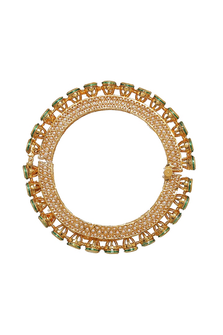 Gold Finish Kundan Polki & Pearl Bangle by Ruby Raang at Pernia's Pop Up Shop