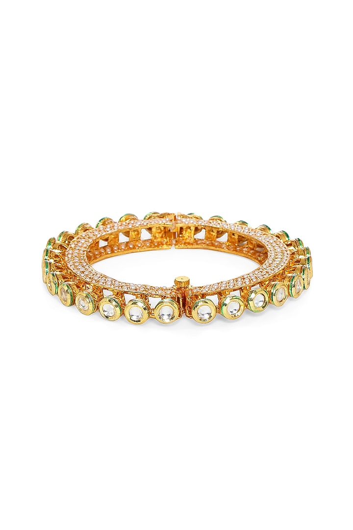 Gold Finish Kundan Polki & Pearl Bangle by Ruby Raang at Pernia's Pop Up Shop
