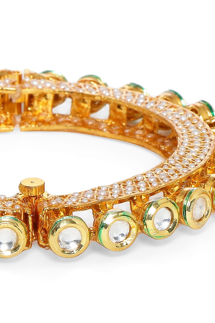 Gold Finish Kundan Polki & Pearl Bangle by Ruby Raang at Pernia's Pop Up Shop