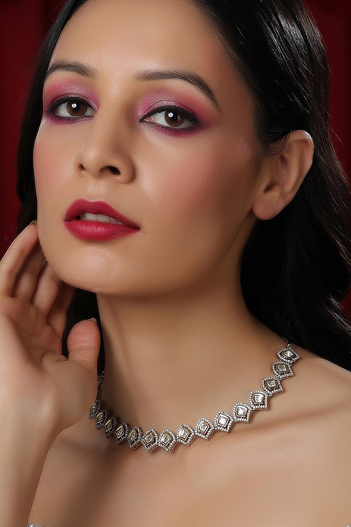White Finish Kundan Polki & American Diamond Necklace In Sterling Silver by Ruby Raang at Pernia's Pop Up Shop