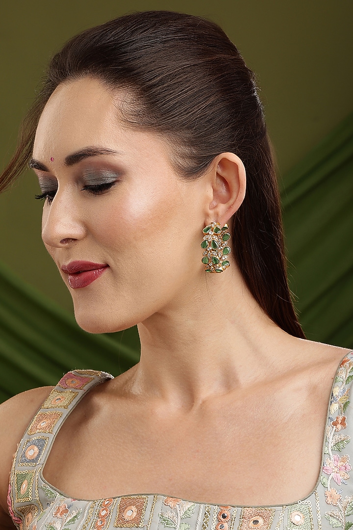 Gold Finish Green Natural Stone Round Earrings by Ruby Raang at Pernia's Pop Up Shop