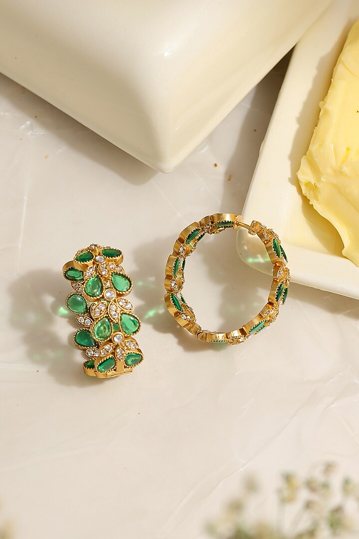 Gold Finish Green Natural Stone Round Earrings by Ruby Raang at Pernia's Pop Up Shop