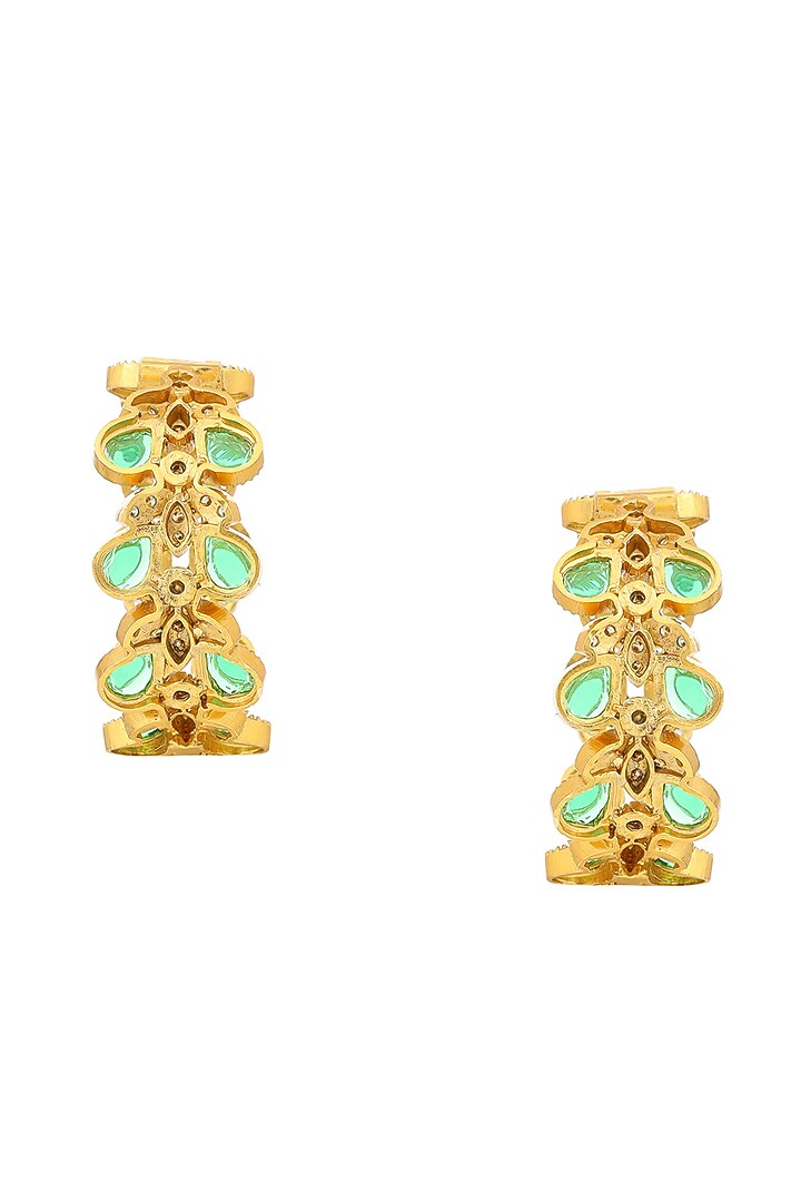 Gold Finish Green Natural Stone Round Earrings by Ruby Raang at Pernia's Pop Up Shop