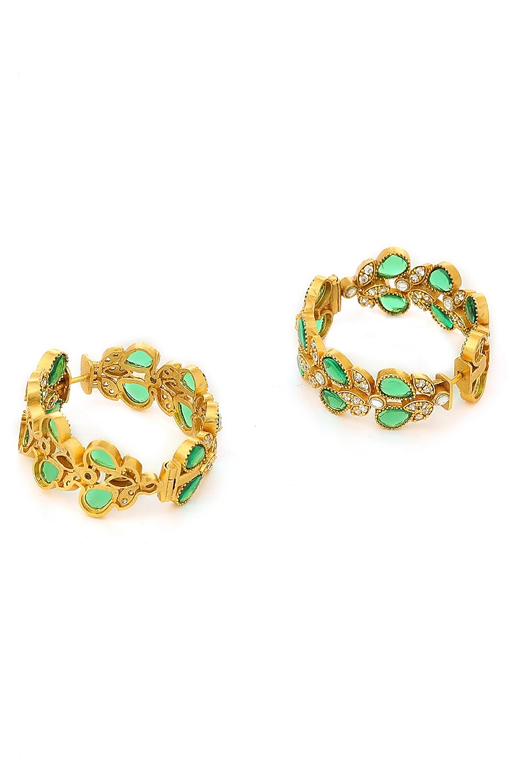 Gold Finish Green Natural Stone Round Earrings by Ruby Raang at Pernia's Pop Up Shop
