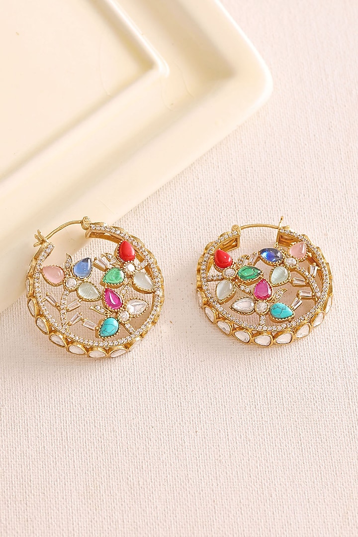 Gold Finish Kundan Polki & Navratna Stone Hoop Earrings by Ruby Raang at Pernia's Pop Up Shop