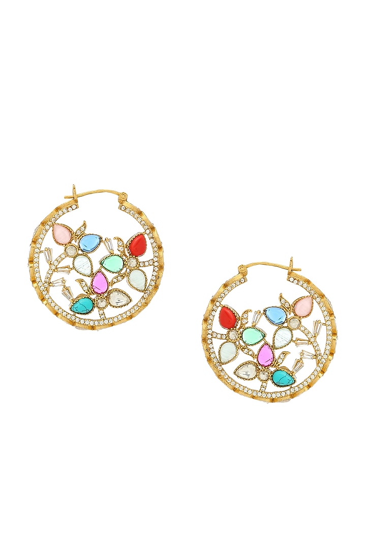Gold Finish Kundan Polki & Navratna Stone Hoop Earrings by Ruby Raang at Pernia's Pop Up Shop