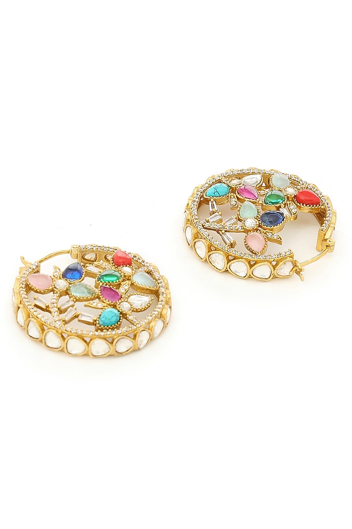 Gold Finish Kundan Polki & Navratna Stone Hoop Earrings by Ruby Raang at Pernia's Pop Up Shop