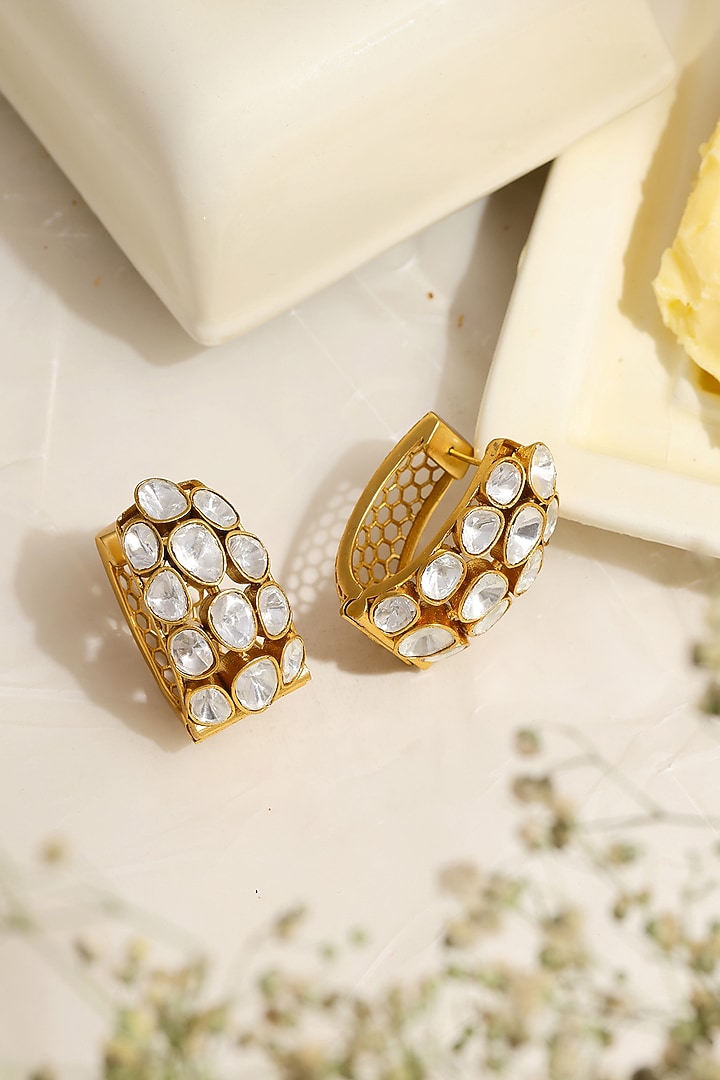 Gold Finish Kundan Polki Hoop Earrings by Ruby Raang at Pernia's Pop Up Shop