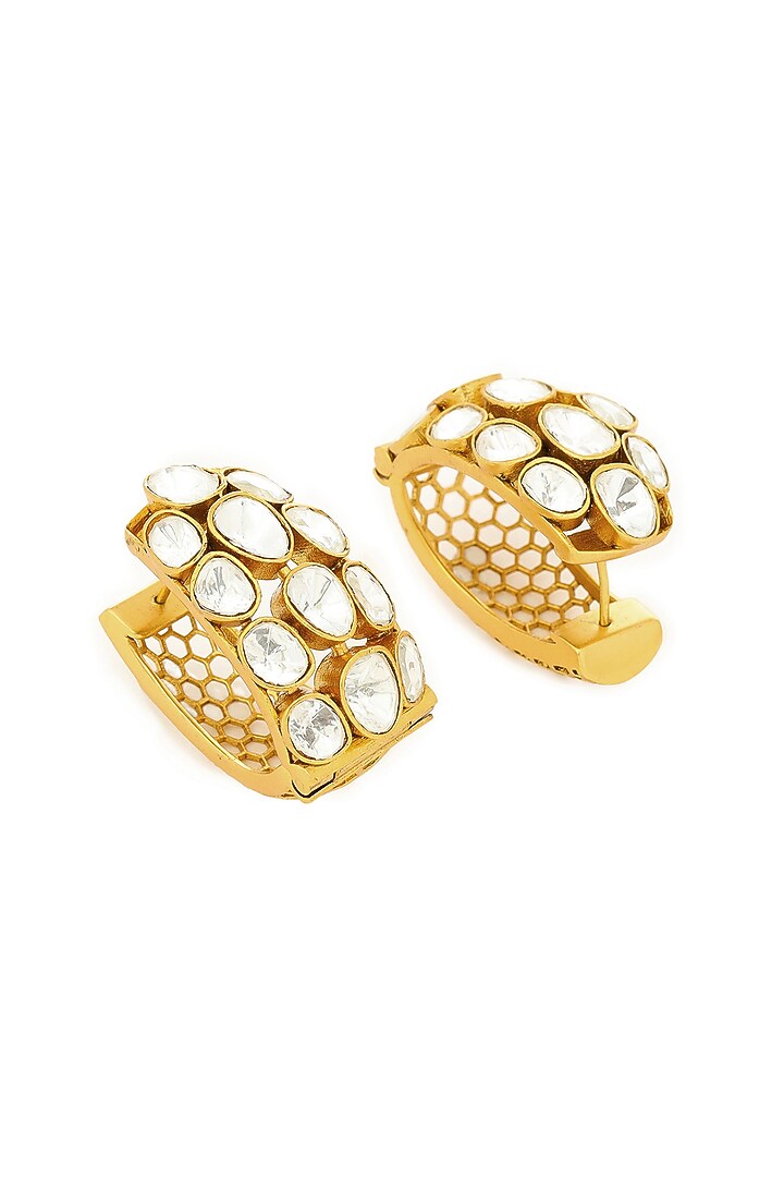 Gold Finish Kundan Polki Hoop Earrings by Ruby Raang at Pernia's Pop Up Shop