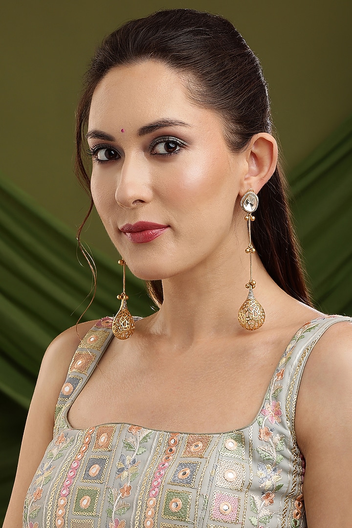 Gold Finish Kundan Polki Dangler Earrings by Ruby Raang at Pernia's Pop Up Shop