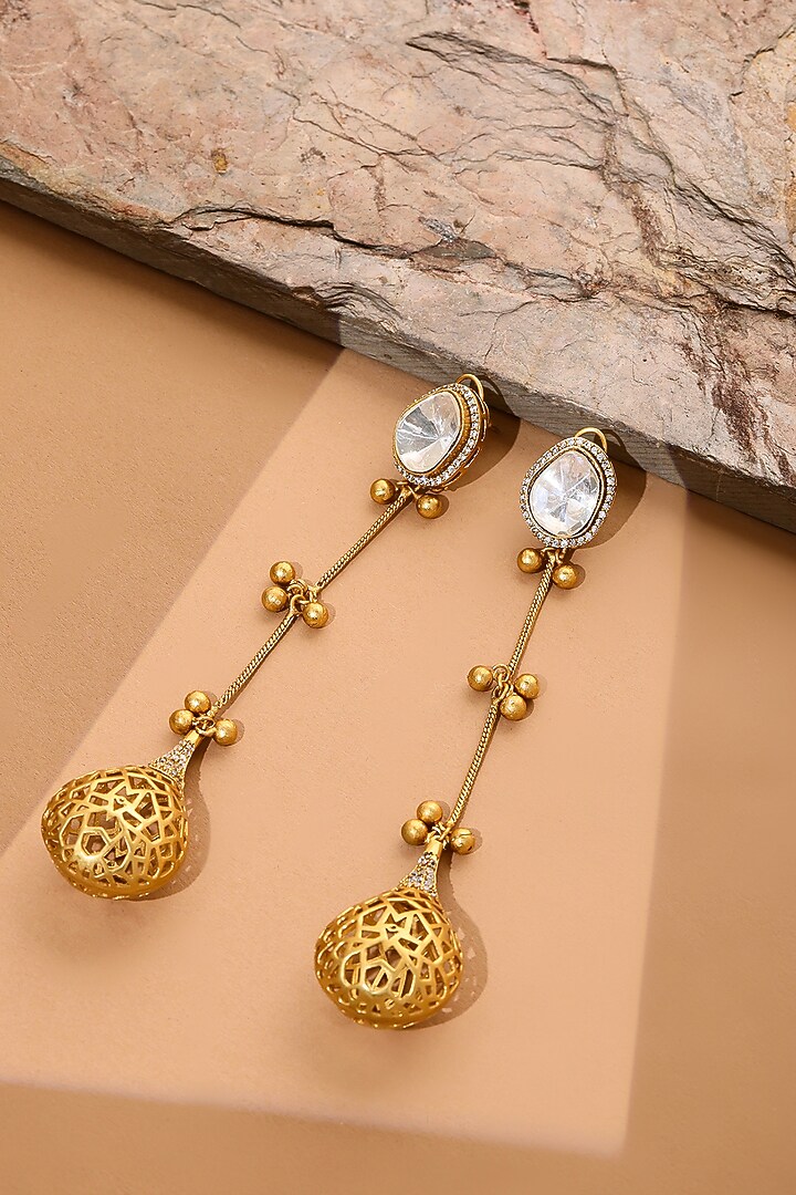 Gold Finish Kundan Polki Dangler Earrings by Ruby Raang at Pernia's Pop Up Shop