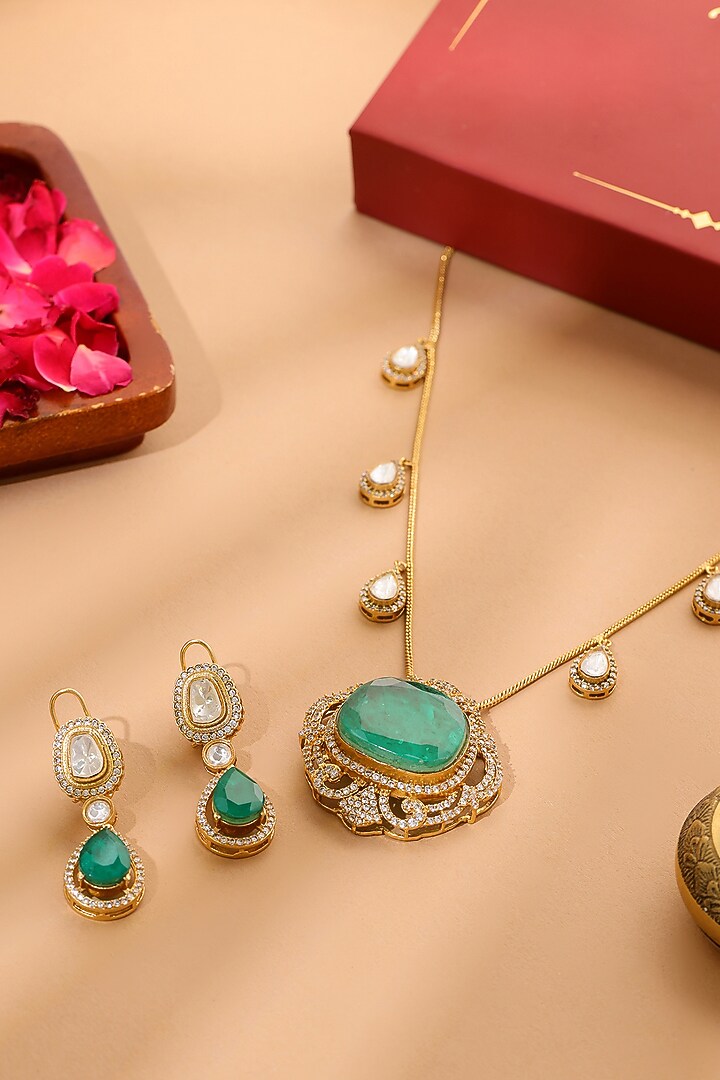 Antique Gold Finish Natural Stone Necklace Set by Ruby Raang at Pernia's Pop Up Shop