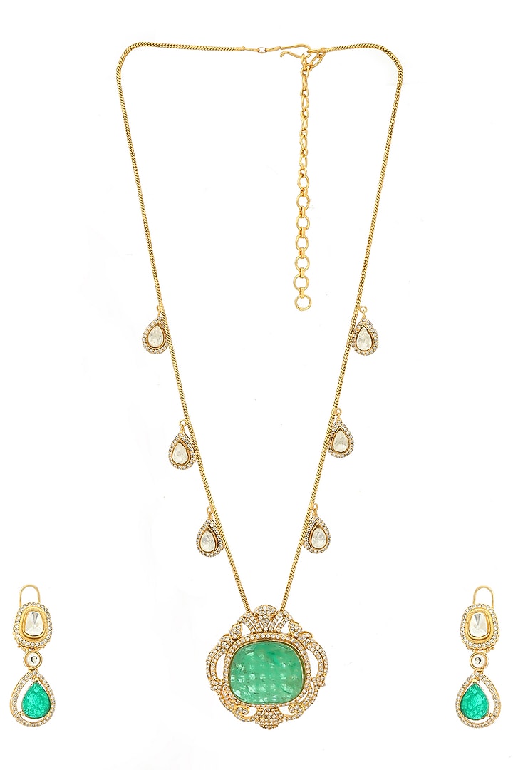 Antique Gold Finish Natural Stone Necklace Set by Ruby Raang at Pernia's Pop Up Shop
